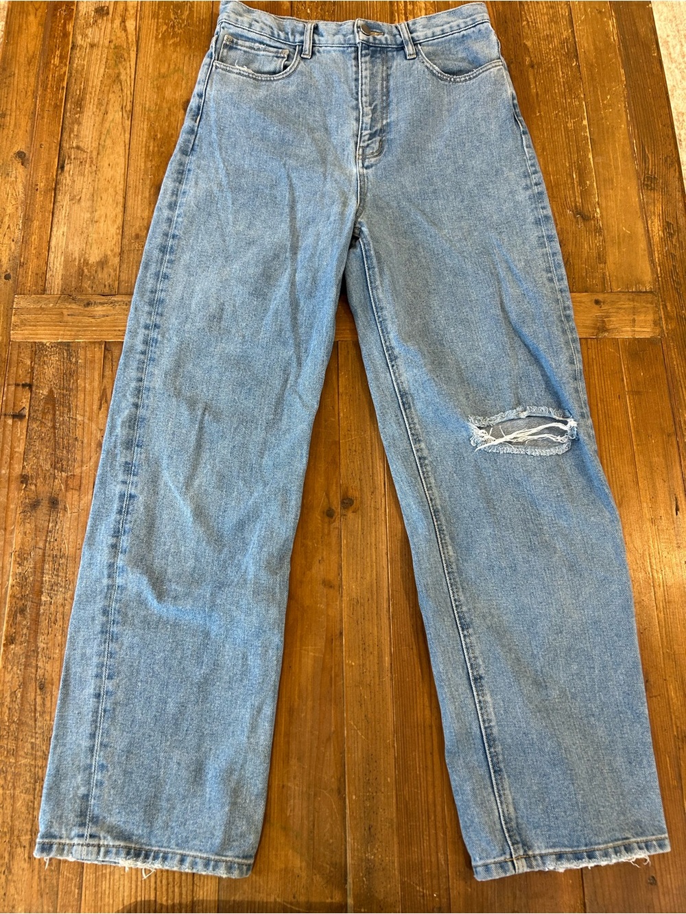 OAK + FORT Light Blue High-Rise Wide-Leg Jeans with Knee Distress